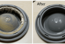 before and after comparison of a moldy washing machine gasket and a clean one create in horizontal format do not write text on image