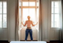 a woman opening windows wide to air out a cozy bedroom on a sunny day create in horizontal format do not write text on image