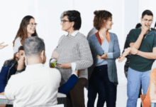 diverse group of people connecting through conversation horizontal format