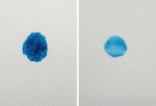 a close-up of a fabric before and after a stubborn ink stain has been removed create in horizontal format do not write text on image