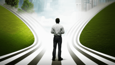 a person standing at a crossroads symbolizing subjective perspectives and choices create a wide angle 16:9 horizontal format image