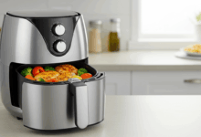 sparkling clean airfryer with a healthy meal inside on a kitchen countertop create in horizontal format do not write text on image