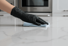 close up of a hand wearing gloves cleaning a modern kitchen countertop create in horizontal format do not write text on image