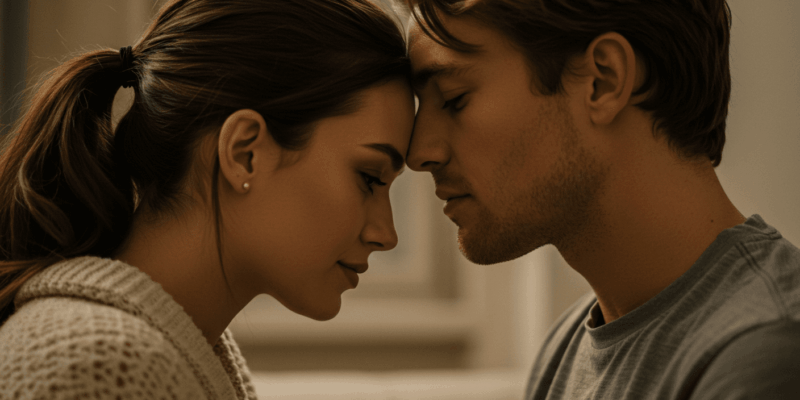 a close-up of a forehead kiss conveying trust and intimacy between partners