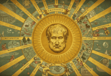 a symbolic image representing the vastness of Aristotle's philosophical and scientific contributions a detailed map of his various fields of study including logic metaphysics ethics biology and politics