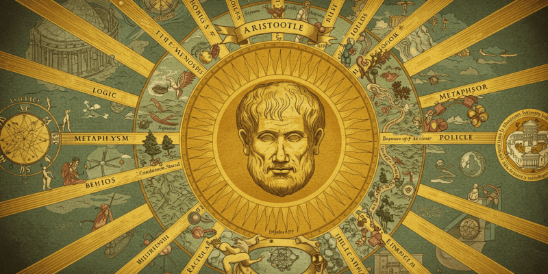 a symbolic image representing the vastness of Aristotle's philosophical and scientific contributions a detailed map of his various fields of study including logic metaphysics ethics biology and politics