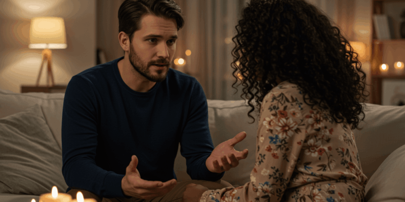 A man openly discussing his feelings with a woman in a cozy setting showcasing vulnerability and trust