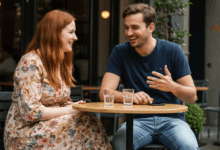 a woman looking relaxed and engaged in a conversation with a man