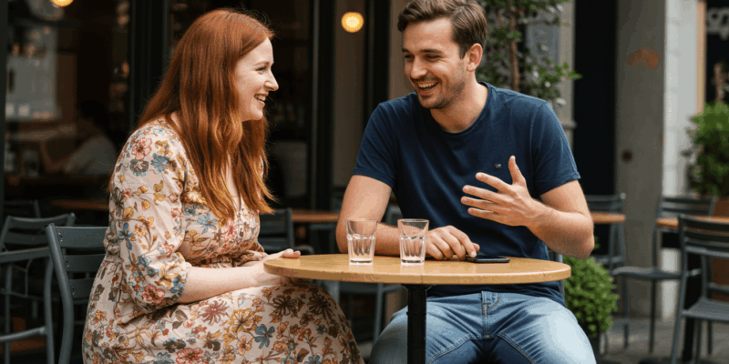 a woman looking relaxed and engaged in a conversation with a man