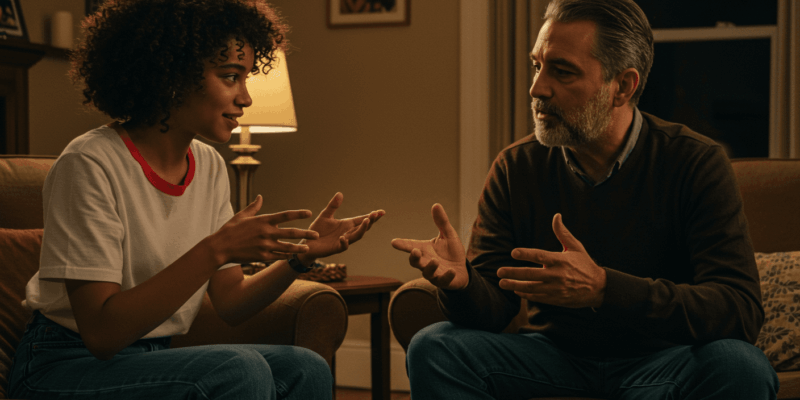 Two people mirroring each other's body language in a subtle and natural manner during a conversation