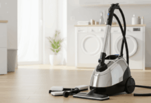 sparkling clean steam cleaner ready for use in a tidy home setting create in horizontal format do not write text on image