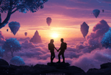 silhouette of a couple holding hands in a magical surreal landscape symbolizing intimacy and adventure