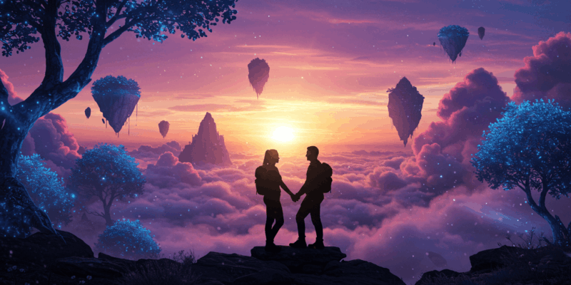 silhouette of a couple holding hands in a magical surreal landscape symbolizing intimacy and adventure