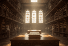 A library filled with ancient philosophical texts with a ray of light illuminating a single book symbolizing the search for wisdom and knowledge