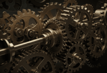 A visual metaphor for Marx's historical materialism with gears and societal structures interacting to create change depicting class struggle and economic transformation a realistic and impactful image