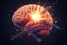 A stylized illustration of a brain with gears and light beams representing critical thinking and the breaking of dogmatic chains