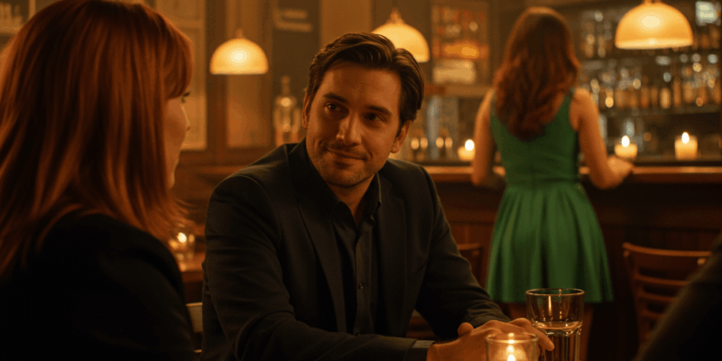 a man's eyes wandering towards another person while his partner is present