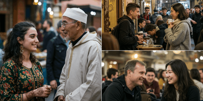 diverse people engaging in eye contact in various cultural settings