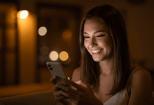a woman smiling while reading a romantic message on her phone