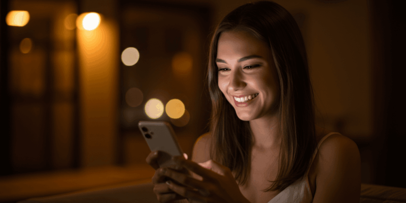 a woman smiling while reading a romantic message on her phone