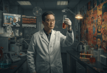 a thought-provoking image of a scientist surrounded by societal influences and cultural symbols
