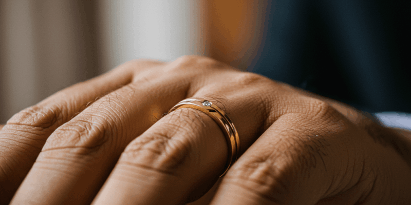 a blurred wedding ring on the man's finger