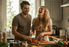 a couple laughing together while cooking