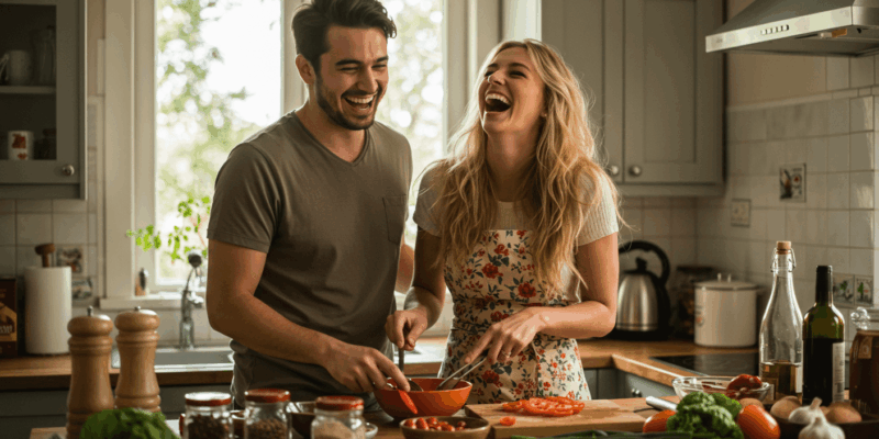 a couple laughing together while cooking