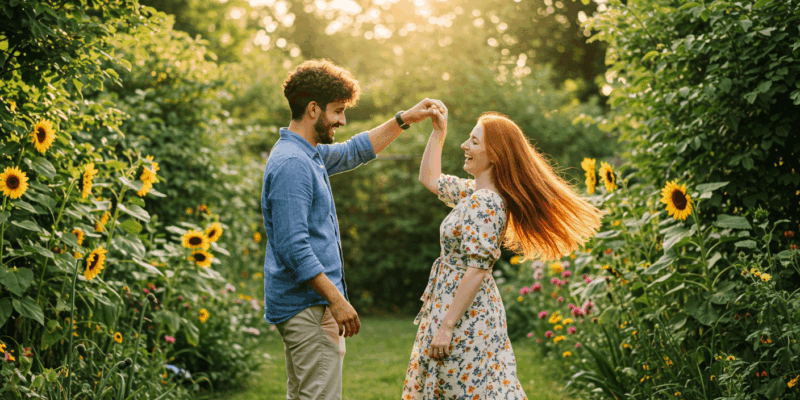 a couple dancing playfully in a sunlit garden expressing joy and connection