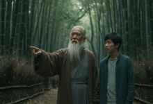 a wise mentor guiding a thoughtful student through a journey of self-discovery and enlightenment