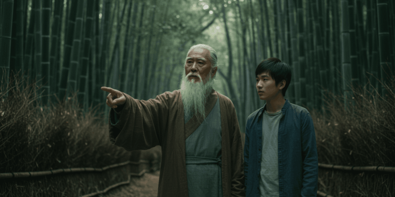 a wise mentor guiding a thoughtful student through a journey of self-discovery and enlightenment