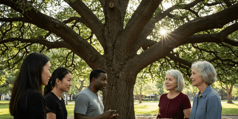 a diverse group of people engaged in a thoughtful discussion under a tree symbolizing societal impact of philosophical ideas