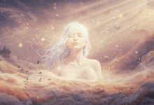 an ethereal depiction of the human mind creating its own reality with elements of light and shadow reflecting introspection and perception
