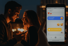 a couple playfully texting each other with smiles and intimate expressions a smartphone screen showing a flirty message with hearts and suggestive emojis a man and a woman in separate locations thinking of each other with a warm romantic glow