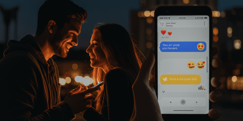 a couple playfully texting each other with smiles and intimate expressions a smartphone screen showing a flirty message with hearts and suggestive emojis a man and a woman in separate locations thinking of each other with a warm romantic glow