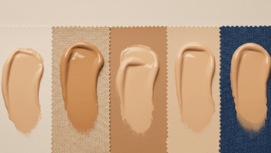 close-up of different types of foundation stains liquid powder on various fabric textures create in horizontal format do not write text on image