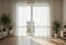 a bright living room with clean curtains and shiny windows sunlight streaming in create in horizontal format do not write text on image