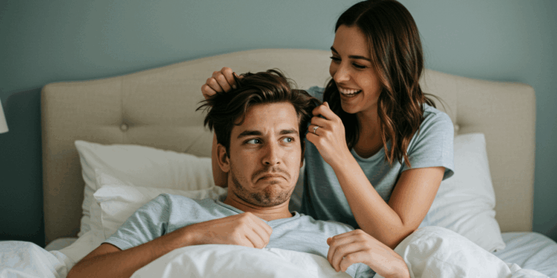 a couple in bed playfully teasing each other with humorous expressions