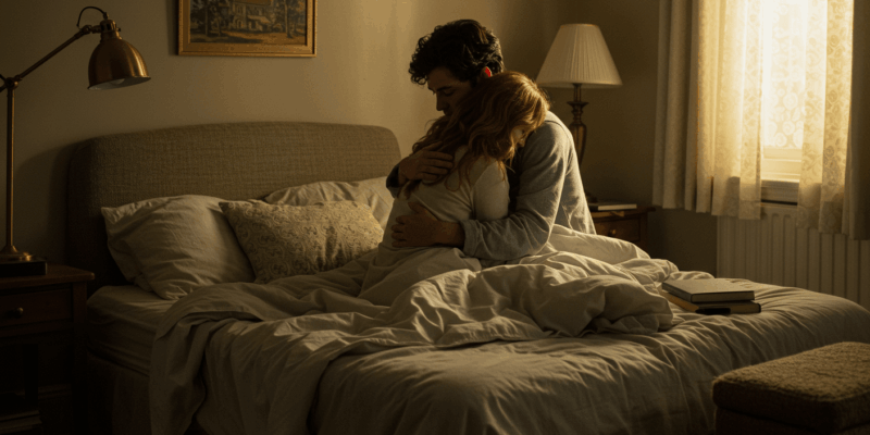 two people embracing in a cozy bedroom