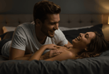A couple laughing and exploring each other's bodies during a sensual game