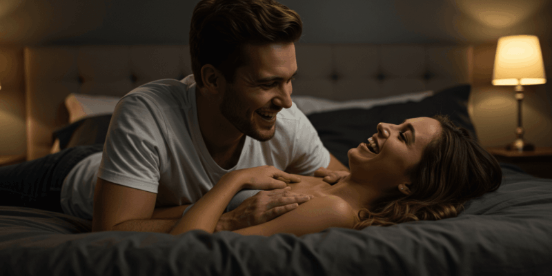 A couple laughing and exploring each other's bodies during a sensual game
