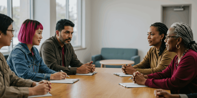 a diverse group of people engaged in a discussion about relationship challenges