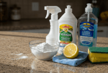 various cleaning supplies and natural remedies for stain removal on a kitchen counter create in horizontal format do not write text on image