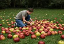 A metaphoric image of sifting through apples on the ground some rotten others fresh representing the process of critical thinking and filtering information realistic photography