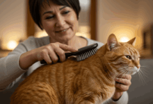 a cat being gently brushed by its owner to remove loose fur create in horizontal format do not write text on image