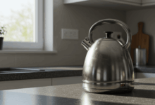 a sparkling clean kettle on a kitchen counter with natural light create in horizontal format do not write text on image