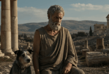 portrait of diogenes with a dog symbolizing cynic philosophy wisdom and simplicity in an ancient greek setting