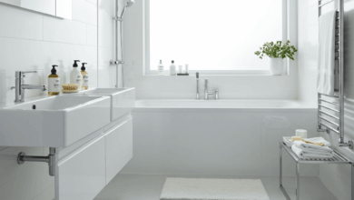 fresh and clean bathroom with sparkling surfaces and personal care items create in horizontal format do not write text on image