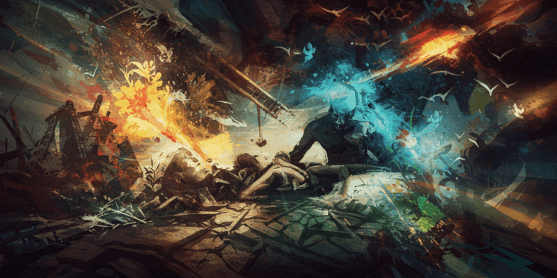 An abstract representation of human suffering and natural disasters contrasted with symbols of hope and resilience