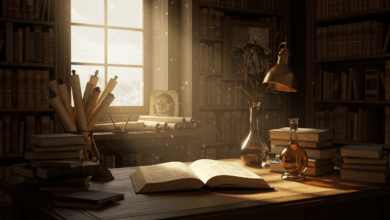 A philosophical library filled with ancient scrolls and modern books with light streaming through a window illuminating a single open book on a desk surrounded by elements of art music and technology symbolizing the breadth of human cultural production